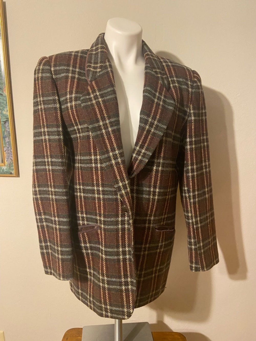 Vintage Plaid Wool-Blend Blazer in Brown and Cream